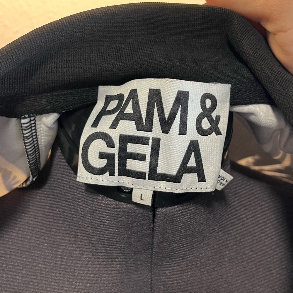 Pam & Gela Palm Tree Stand Collar Double Zipper Track Jacket - Picture 10 of 11